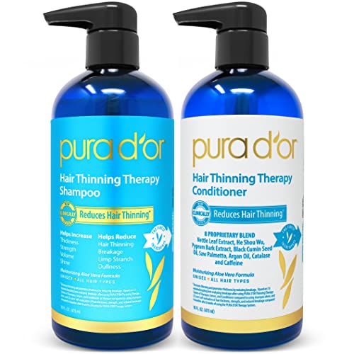 PURA D’OR Hair Thinning Therapy Biotin Shampoo and Conditioner Set, CLINICALLY TESTED Proven Results, DHT Blocker Hair Thickening Products For Women & Men, Natural Routine, Color Safe, 16oz x2