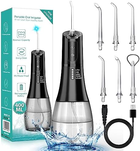 Water Dental Flosser Cordless for Teeth Cleaning: Dental Oral Irrigator 5 Modes 6 Jet Tips 400ML Rechargeable IPX 7 Waterproof Portable Teeth Cleaner Pick for Home Trave-Long Battery Life