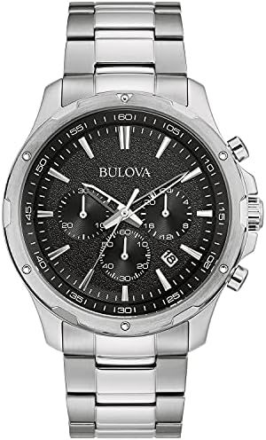 Bulova Men’s Classic Stainless Steel Six-Hand Chronograph Quartz Watch, Black Dial, 43mm Style: 96B336