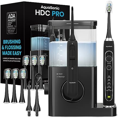 AquaSonic Home Dental Center PRO – Brushing & Flossing Made Easy – Brush & Floss – Power Toothbrush & Water Flosser – Whiter Teeth & Healthier Gums – Black Series Pro+Oral Irrigator – ADA Approved