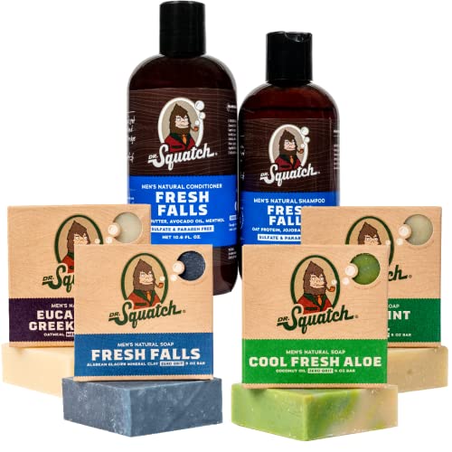 Dr. Squatch Men’s Bar Soap FRESH Expanded Pack: Men’s Natural, Fresh Falls, Cool Fresh Aloe, Spearmint Basil, Eucalyptus Greek Yogurt, and Fresh Falls Hair Care Shampoo and Conditioner