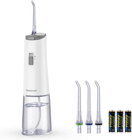 Sawgmore Cordless Water Flosser for Teeth, Portable Water Teeth Cleaner Picks with One-Key Control Mode 4 Jet Tips, Battery-Powered IPX6 Waterproof Dental Oral Irrigator for Travel and Home