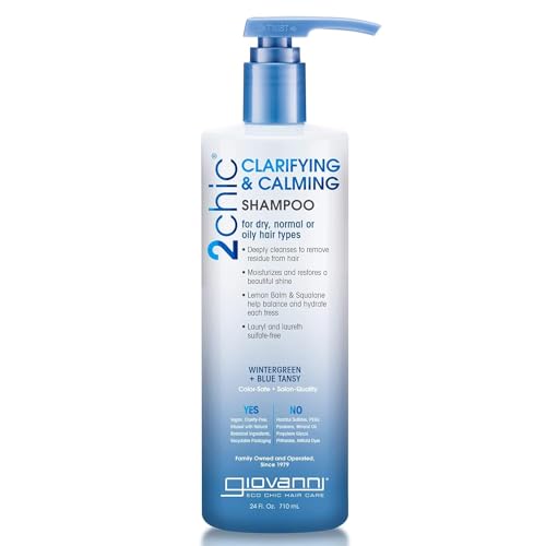 GIOVANNI 2chic Clarifying & Calming Shampoo – Helps Remove Residue, Lemon Balm & Squalane Balance & Hydrate, Detox Shampoo, Sulfate Free, Color Safe – Wintergreen & Blue Tansy, 24 oz