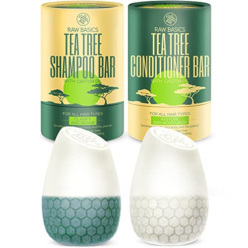 Tea Tree Shampoo and Conditioner Bar Set, Natural Sulfate Free Solid Bar for All Hair Types, With Castor Oil, Clarifying and Repairing, Restoring and Moisturizing, Plastic Free Zero Waste Package