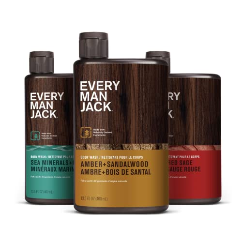 Every Man Jack Men’s Body Wash Variety Pack – Includes 3 Body Washes with Natural Ingredients & Incredible Scents – Amber + Sandalwood, Cedar + Red Sage, Sea Minerals + Citron Fragrances