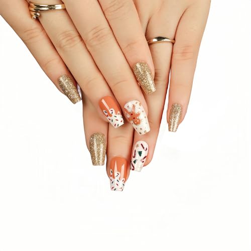 Christmas Press on Nails Coffin Medium Fake Nails Gingerbread Man Glitter Design Winter White Press on Nails Gel Glossy Acrylic Nails Glue on Nails Kit 24Pcs