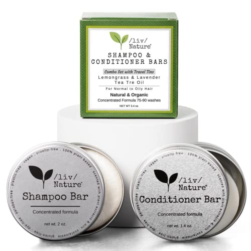 /liv/Nature Tea Tree Shampoo Bar and Conditioner Bar Set with Travel Case | Organic & Natural Ingredients | Clarifying Shampoo for Oily Hair | Vegan | Made in USA (Lemongrass & Lavender 2 pack)