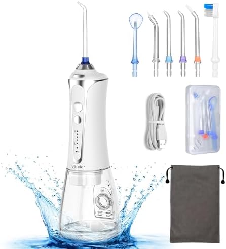 Ivandar Water Flosser for Teeth Cleaner Cordless, Water Dental Flosser Portable and Rechargeable, 5 Pressure Levels, 6 Jet Tips, Home and Travel, IPX7 Waterproof, 300ml Reservoir, White