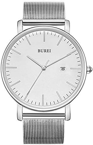 BUREI Men’s Fashion Minimalist Wrist Watch Waterproof Watches Simple Ultra Thin Watches Analog Quartz Date with Stainless Steel Mesh Band