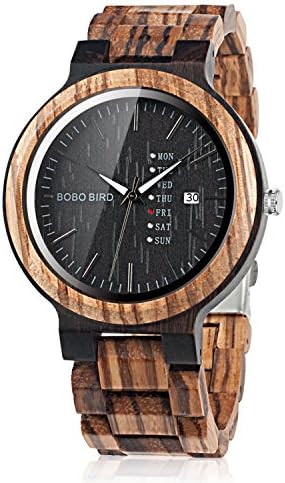 BOBO BIRD Week and Date Multi-Functional Display Men’s Zebra Wooden Quartz Watch Lightweight Handmade Casual Wristwatches with Gift Box