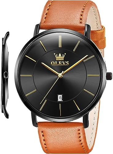 OLEVS Mens Watches Minimalist Ultra Thin Fashion Casual Analog Quartz Date Watch Waterproof Slim Simple Big Face Dress Wrist Watch with Retro Leather Band for Men