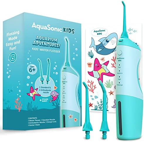 AquaSonic Kids’ Water Flosser for Ages 6+ | Standard Nozzle, Orthodontic Nozzle & Waterproof Stickers | 4 Flossing Modes | Aquarium Adventures Theme (Blue)