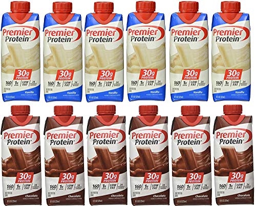 Premier Protein 6 Chocolate and 6 Vanilla Shakes 11oz (pack of 12)