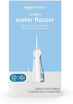 Amazon Basics HydroClean Cordless Water Flosser, 1 Handle, 2 Flosser Tips, 2 AA batteries included