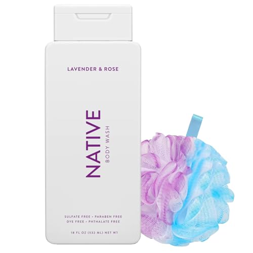 FII Native Natural Body Wash – Lavender & Rose, 18 oz Bundle with Loofah for Men & Women – Sulfate & Paraben Free, Gentle on Skin