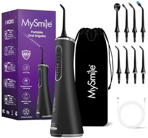 MySmile LP211 Cordless Advanced Water Flosser for Teeth, 5 Cleaning Modes Rechargeable Power Dental Flosser 8 Replacement Jet Tips IPX 7 Waterproof Dental Irrigador with Portable Travel Storage Pouch
