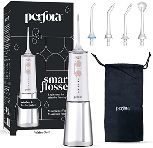 Perfora Smart Water Dental Flosser | Portable Power Flossers Water Jet with USB C Type Charging | 245ml Optimum Water Tank | 5 Modes | IPX7 Waterproof | Travel Pouch with 5 Nozzles (White Gold)