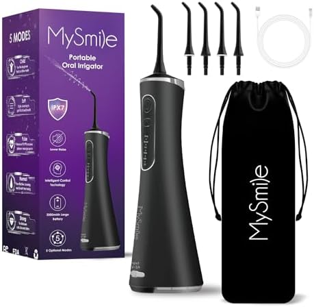 MySmile Water Dental Flosser for Teeth Cordless Oral Irrigator 5 Cleaning Modes 4 Replaceable Jet Tips IPX 7 Waterproof USB Rechargeable Water Dental Picks for Teeth Cleaning with PU Bag Black