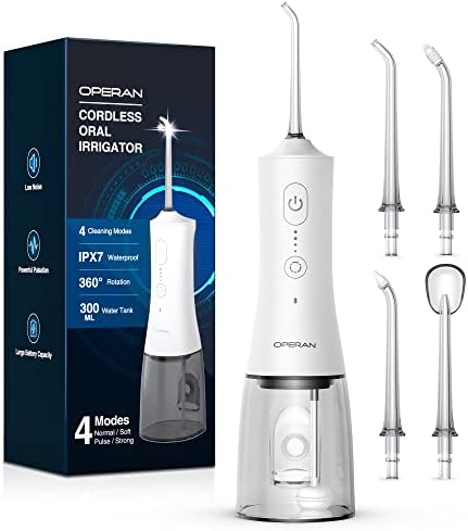 Operan Water Flossers for Teeth Cleaning Upgraded 300ml Cordless Water Flosser Portable Rechargeable Oral Irrigator with 4 Modes 4 Jet Tips IPX7 Waterproof Water Dental Flosser for Home Travel (White)