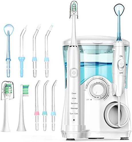 Water Flosser and Toothbrush Combo in One, 600ml Oral Irrigator and Electric Toothbrush with 7 Jet Tips, 2 Brush Heads Whitening Toothbrushes, Dental Water Flosser (White)