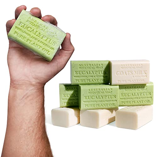 Australian Botanical Soap | Men’s Soap Duo Pack | Body & Beard Bars | Natural Ingredient Bar Soap Gift for Men | Eucalyptus & Goats Milk – 6.6 oz. (187g) – 4 Bars of Each – 8 Pack