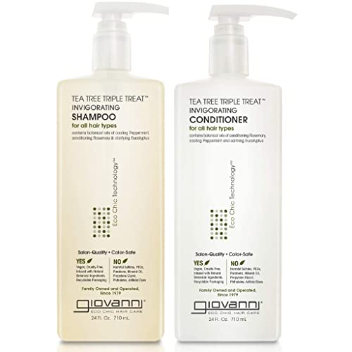 GIOVANNI Tea Tree Triple Treat Invigorating Shampoo & Conditioner Set – Cooling Peppermint, Eucalyptus, Rosemary, Helps Dry, Flaky Scalp, Salon Quality, Vegan, Cruelty Free, Paraben Free – 24 oz Each