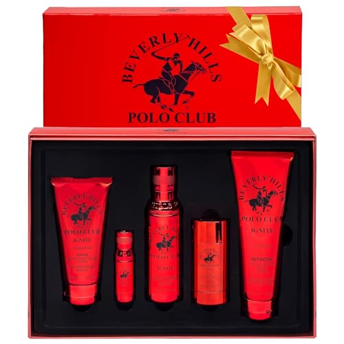 Beverly Hills Polo Club BHPC Ignite Cologne Gift Set for Men | 5 Piece Eau de Toilette, Body Spray, Deodorant, Body Wash, Aftershave Fragrances