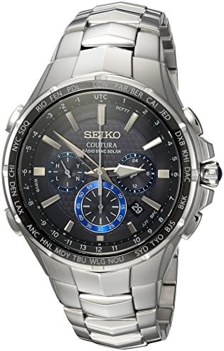 SEIKO SSG010 Watch for Men – Coutura Collection – Radio Sync Solar Chronograph, Two-Tone Stainless Steel Case & Bracelet, Black Dial with Lumibrite Hands & Markers, and Date Calendar