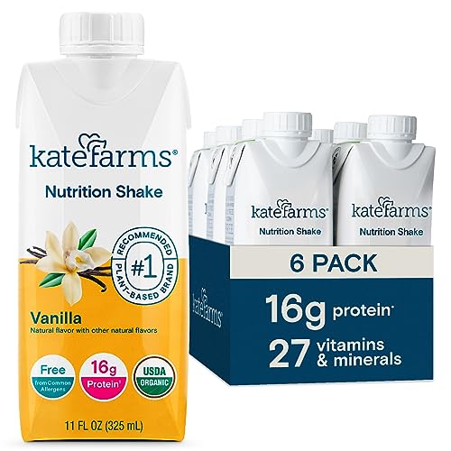 KATE FARMS Organic Plant Based Nutrition Shake, Vanilla, 16g protein, 27 Vitamins and Minerals, Meal Replacement, Protein Shake, Gluten Free, Non-GMO, 11 oz (6 Pack)