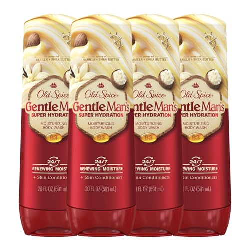 Old Spice Super Hydration Body Wash GentleMan’s Blend Vanilla + Shea Butterfor Deep Cleaning and 24/7 Renewing Moisture, 20 oz (Pack of 4)