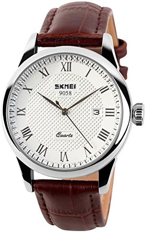 SKMEI Business Men’s Quartz Wristwatches Roman Numeral Leather Band Casual Water Resist Analog Watches